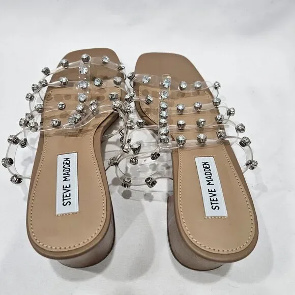 Steve Madden Intricate Clear Rhinestone Block Heel Slide Sandals 8 Dressy Party - Picture 6 of 11